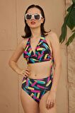 Bikini Takımı Toparlayıcı Siyah Fırça Desenli