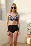 Bikini Takımı Kruvaze Toparlayıcı Siyah Orkide Desen 