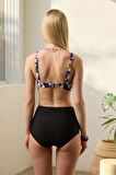 Bikini Takımı Kruvaze Toparlayıcı Siyah Orkide Desen 
