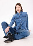 Denim Trip Regular Fit Gömlek Yaka Koyu İndigo Kadın Denim Gömlek DT10902