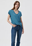 V Yaka Mavi Basic Tişört 167714-70753