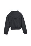 defy's KADIN BASKILI KAPÜŞONLU CROP SWEAT ANTRASİT - M