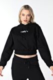 defy's KADIN BASKILI KAPÜŞONLU CROP SWEAT SİYAH - XS