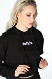 defy's KADIN BASKILI KAPÜŞONLU CROP SWEAT SİYAH - S