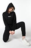 defy's KADIN BASKILI KAPÜŞONLU CROP SWEAT SİYAH - M