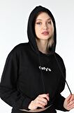 defy's KADIN BASKILI KAPÜŞONLU CROP SWEAT SİYAH - M