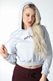 defy's KADIN BASKILI KAPÜŞONLU CROP SWEATSHIRT GRİ - S