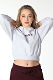 defy's KADIN BASKILI KAPÜŞONLU CROP SWEAT GRİ - M