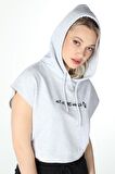 defy's KADIN BASKILI KAPÜŞONLU CROP SWEATSHIRT KAR MELANJ - XL