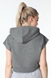 defy's KADIN BASKILI KAPÜŞONLU CROP SWEATSHIRT K.GRİ - S