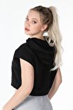 defy's KADIN BASKILI KAPÜŞONLU CROP SWEATSHIRT SİYAH - M