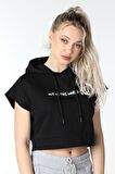 defy's KADIN BASKILI KAPÜŞONLU CROP SWEATSHIRT SİYAH - M
