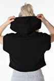 defy's KADIN BASKILI KAPÜŞONLU CROP SWEATSHIRT SİYAH - M