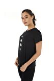 defy's KADIN BASKILI KISA KOLLU BİSİKLET YAKA TİŞÖRT SİYAH - S