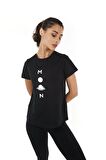 defy's KADIN BASKILI KISA KOLLU BİSİKLET YAKA TİŞÖRT SİYAH - S