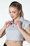 defy's KADIN YAKA DETAYLI CROP KIRÇILLI GRİ - M