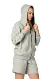 defy's KADIN KAPÜŞONLU FERMUARLI OVERSIZE SWEATSHIRT GRİ MELANJ - XS