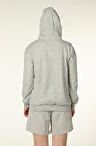 defy's KADIN KAPÜŞONLU FERMUARLI OVERSIZE SWEATSHIRT GRİ MELANJ - M