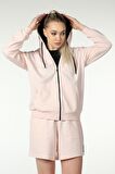 defy's KADIN KAPÜŞONLU FERMUARLI OVERSIZE SWEATSHIRT PEMBE MELANJ - M
