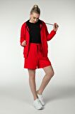 defy's KADIN KAPÜŞONLU FERMUARLI OVERSIZE SWEATSHIRT KIRMIZI - L