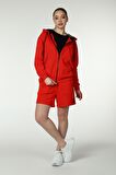 defy's KADIN KAPÜŞONLU FERMUARLI OVERSIZE SWEATSHIRT KIRMIZI - L