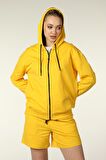 defy's KADIN KAPÜŞONLU FERMUARLI OVERSIZE SWEATSHIRT SARI - XS