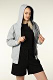 defy's KADIN KAPÜŞONLU FERMUARLI OVERSIZE SWEATSHIRT KIRÇILLI GRİ - S