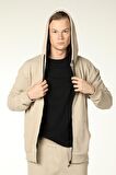 defy's ERKEK KAPÜŞONLU FERMUARLI OVERSIZE SWEATSHIRT BEJ - S