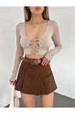 Kadın Kahverengi Piliseli Kemerli Mini Şortlu Etek