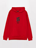 XSIDE Kırmızı Uzun Kollu Baskılı Erkek Kalın Hoodie