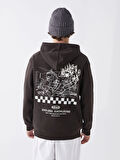 XSIDE Kahverengi Uzun Kollu Baskılı Erkek Kalın Hoodie
