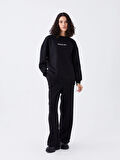 LCW Vision Siyah Bisiklet Yaka Baskılı Oversize Kadın Kalın Sweatshirt