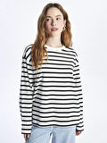 XSIDE Ekru Bisiklet Yaka Çizgili Uzun Kollu Kadın Tişört