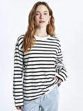 XSIDE Ekru Bisiklet Yaka Çizgili Uzun Kollu Kadın Tişört