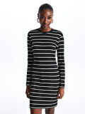 LCW Vision SİYAH Bisiklet Yaka Çizgili Uzun Kollu Kadın Elbise