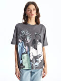 LCW Vision Antrasit Bisiklet Yaka Baskılı Kısa Kollu Oversize Kadın Tişört