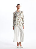 LCW Grace Ekru Kaçık Yaka Çiçekli Uzun Kollu Kadın Bluz
