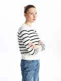 LCW Vision Ekru Bisiklet Yaka Çizgili Uzun Kollu Kadın Triko Kazak