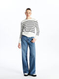 LCW Vision Ekru Bisiklet Yaka Çizgili Uzun Kollu Kadın Triko Kazak