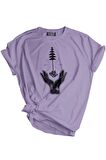 Store Unisex Baskılı Tişört Outdoor Sport T-shirt EL AĞAÇ LİLA