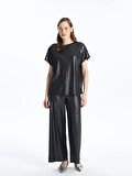 LCWAIKIKI Classic Siyah Beli Lastikli Düz Geniş Paça Kadın Metalik Pantolon