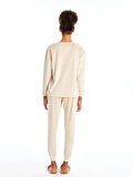 LCW Young Bej Bisiklet Yaka Nakışlı Kadın Kadife Pijama Takımı