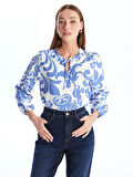 LCWAIKIKI Classic Lacivert Bağlamalı Yaka Çiçekli Uzun Kollu Kadın Bluz