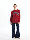 XSIDE Bordo Bisiklet Yaka Nakışlı Oversize Kadın Sweatshirt