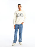 XSIDE Bej Bisiklet Yaka Baskılı Erkek Kalın Sweatshirt