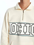 LCW Casual BEJ Dik Yaka Uzun Kollu Baskılı Erkek Kalın Sweatshirt
