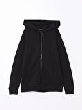 LCWAIKIKI Basic Siyah Kapüşonlu Kadın Kalın Fermuarlı Sweatshirt