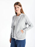 LCWAIKIKI Basic Gri Kapüşonlu Düz Uzun Kollu Kadın Fermuarlı Sweatshirt