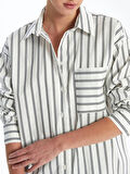LCW Vision EKRU Çizgili Uzun Kollu Oversize Kadın Gömlek