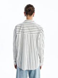 LCW Vision EKRU Çizgili Uzun Kollu Oversize Kadın Gömlek